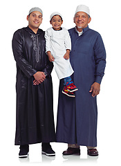 Image showing Muslim, family and portrait grandfather, boy and father in studio for religion, mosque or bond on white background. Islam, generations and man group smile and happy together while standing isolated
