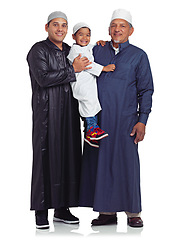 Image showing Muslim, grandfather and boy with father in studio for family, portrait and bond on white background. Islam, happy and man group embrace, relax and standing together for religion, values and isolated