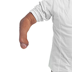 Image showing Disability, unique and arm amputee of a man with a injury showing forearm with mockup. Isolated, disabled model and white background of a male person pose with a different body and mock up space