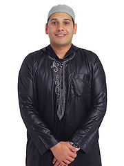 Image showing Muslim man, smile and isolated on a white background standing with hands together for profile. Portrait of happy islamic or arabic male smiling in traditional clothing against white studio background