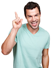 Image showing Fashion, pointing finger and portrait of man for marketing, advertising and mockup isolated on white background. Branding, hand gesture and male model for message, announcement and text in studio