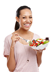 Image showing Woman in portrait, eating salad and healthy with diet and nutrition, detox and wellness with food isolated on white background. Vegetables, organic and health motivation, weight loss and body care