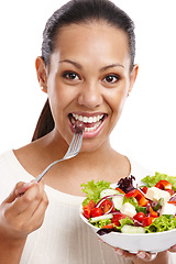 Image showing Woman, face and eating salad with healthy food, diet and nutrition, detox and wellness isolated on white background. Vegetables, portrait and organic, health motivation zoom and vegan for weight loss