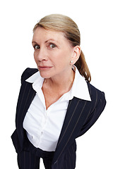 Image showing Nosy, curious and portrait of a business woman isolated on a white background in a studio. Leaning, curiosity and mature employee in a suit with side eye, listening and attentive on a backdrop