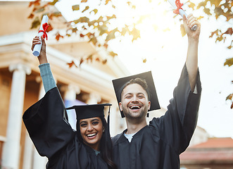 Image showing Wow, graduation and celebration, portrait of couple with certificate in garden university campus with smile. Friends, scholarship student and success in education, man and woman graduate from college