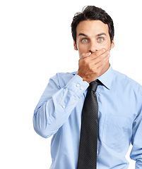 Image showing Businessman portrait, shocked or hand over mouth on studio background for company gossip, secret news or mistake. Corporate worker, employee or surprised facial expression on white mock up backdrop