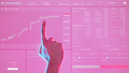 Image showing Hand, dashboard ui and man with stock market, trading or investment app. Ux, data and male with pink user interface or software for crypto currency, bitcoin or graph analytics for buying or selling.