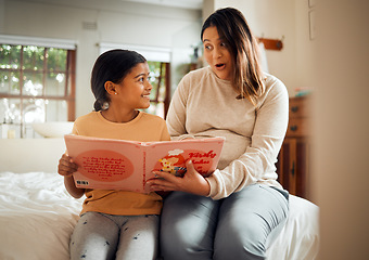 Image showing Storytelling, pregnant mother and child learning, fun language activity and home bonding, love and care. Family, Indian people or mom and kid reading book for creative education and happy teaching