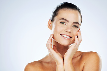 Image showing Skincare, beauty and portrait of a woman in a studio with a cosmetic, makeup and natural face routine. Health, wellness and female model with an organic healthy facial treatment by a gray background.