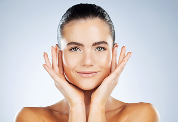 Image showing Beauty, woman and clean skincare portrait with smile for hydration, self care and natural glow of people. Dermatology, aesthetic and healthy skin of person on isolated gray studio background.