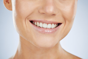 Image showing Woman, mouth and smile woth teeth for dental wellness, cosmetics oral care and luxury beauty. Model, facial happiness and clean tooth healthcare or dentist veneers whitening in white background