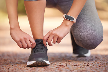 Image showing Fitness, running and woman tie shoes on nature trail for workout, marathon training and exercise outdoors. Sports, motivation and hands of girl with lace of sneakers for run, performance and cardio