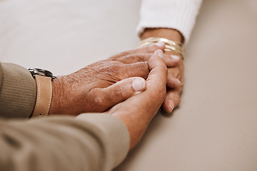 Image showing Support, trust and holding hands, senior couple in therapy or marriage counselling session. Love, care and understanding between elderly man and woman together in hope, empathy and help in retirement