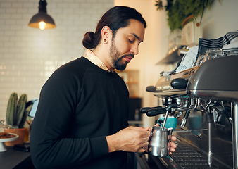 Image showing Coffee shop, cafe barista and kitchen machine work for morning espresso in a restaurant. Waiter, milk foam and breakfast latte of a person from Brazil working on drink order service as store manager