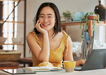 Image showing Startup, Asian portrait or business woman with smile for networking, online communication or blog content search. Happy, face or girl with laptop for social media, SEO planning or website review