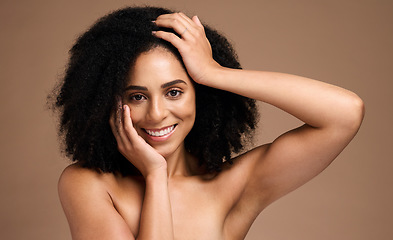 Image showing Beauty, skincare and product with portrait of black woman for facial, self care and luxury cosmetics. Spa, hair care and makeup with face of girl model for treatment, natural and wellness in studio