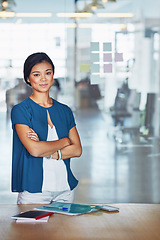 Image showing Portrait, business and Asian woman arms crossed, leader and planning in modern office, sales growth and schedule. Ceo, female employee and entrepreneur with leadership, management and corporate deal