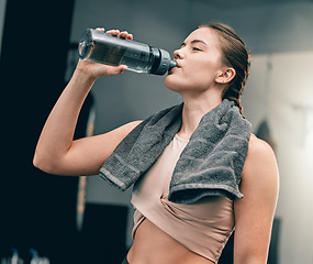 Image showing Fitness health, gym and woman drinking water for sports thirst hydration, performance workout or exercise running. Athlete wellness, fatigue and tired girl with liquid bottle drink after training