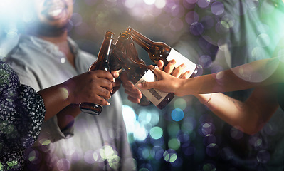 Image showing Hands, beer or toast circle in party, nightclub event or bokeh disco for birthday celebration, friends drinks or social gathering. Smile, happy or bonding people with alcohol cheers in diversity