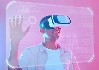 Image showing Vr hand, 3d futuristic and man in metaverse exploring a cyber world. Digital transformation, virtual reality and male touching ux button, data overlay or app, interface or software on pink background