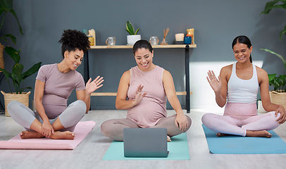 Image showing Pregnant, yoga or women in online class on laptop for training, exercise or fitness workout in living room. Pregnancy, video call or healthy friends with a happy smile in maternity training at home