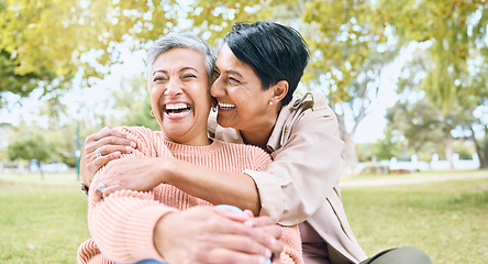 Image showing Couple of friends, seniors or laughing hug in nature park, grass garden or relax environment in comic, funny or silly activity. Smile, happy women or bonding retirement elderly in love trust embrace