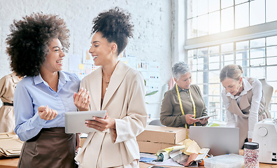 Image showing Manager, ecommerce delivery tablet and teamwork, package box or stock product for commercial sale distribution. Logistics courier shipping, retail store diversity or happy black woman in supply chain