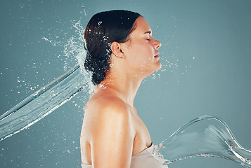 Image showing Skin, water splash and skincare for woman hygiene and hydration isolated in a studio or shower background. Self care, grooming and female spa for beautiful, adult and wellness model