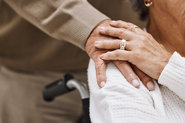 Image showing Love, disability and hands of retirement couple with care, gratitude and support in marriage. Unity, respect and senior people holding hands for bonding, appreciation and togetherness zoom.