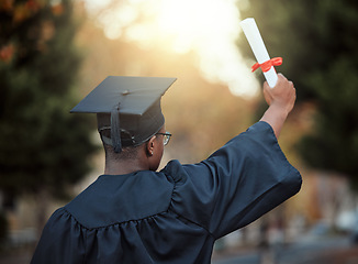 Image showing University graduation, certificate and back view of black man with motivation for learning goals, achievement or future. Male graduate student, diploma and celebration of success in college education