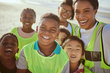 Image showing Children, portrait and volunteer with an eco friendly beach cleaning for earth day or environmental sustainability. Charity, kids or face with a group of friends in nature for community service