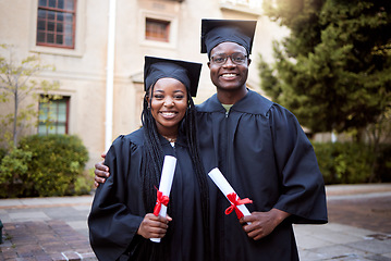 Image showing Black people, portrait or graduation diploma in school ceremony, university degree success or college certificate goals. Smile, happy friends or graduate students on education campus for award event