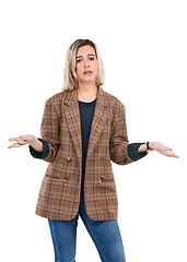 Image showing Sad, confused and portrait of girl with shrug for problem, dilemma or unhappy with decision expression. Doubts, uncertain and depressed woman unsure of choice on isolated studio white background.