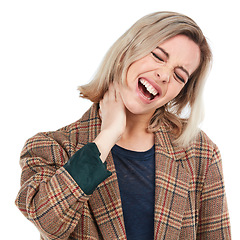 Image showing Young woman, neck pain and injury from stress, accident or discomfort against white studio background. Isolated female in agony holding painful neck from muscle, tension or ache on white background