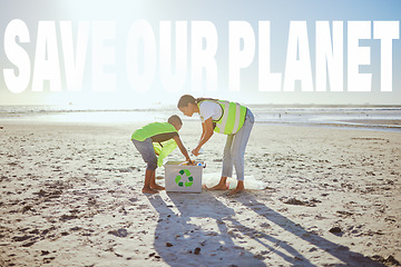 Image showing Recycle, earth and beach of people cleaning the environment to save our planet from pollution, waste or plastics. Woman with helping child for eco friendly, sustainable or clean future in nature