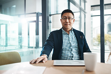 Image showing Leadership, mature and asian man in portrait with investment, wealth and business planning at his office. Management ceo, executive or corporate senior manager, person or people with company vision