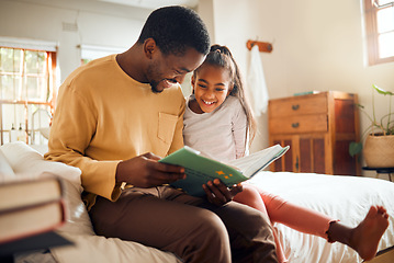 Image showing Black family, storytelling father and child for language support, help and learning bonding and love at home. People, person or dad and girl reading book for creative knowledge, education in bedroom
