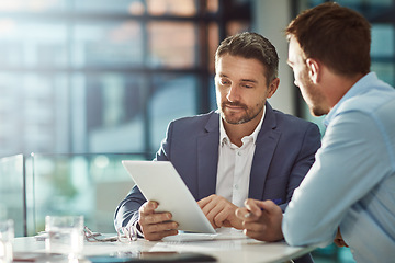 Image showing Teamwork meeting, tablet and business people in office workplace. Collaboration, technology and workers, men or employees with touchscreen planning sales, research or financial strategy in company