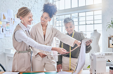 Image showing Planning, fashion and designer with business people in workshop studio for manufacturing, fabric and idea. Tailor, boutique and retail with women and swatch for ecommerce, creative and industry