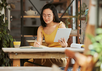 Image showing Thinking, research and tablet with asian woman writing in notebook in startup for management, planning or goals. Idea, vision and creative with small business owner for branding, agenda or web design