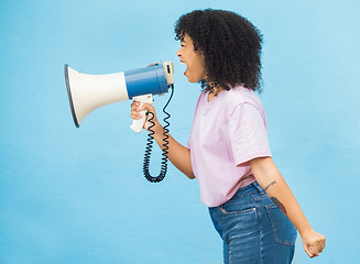 Image showing Megaphone announcement, shout and angry black woman protest for democracy vote, justice or human rights rally. Racism speech, microphone noise or profile of studio speaker isolated on blue background