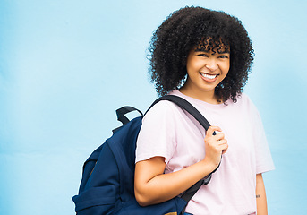 Image showing Portrait, student and woman with backpack in studio for travel, abroad and future dream on blue background. Face, girl and foreign exchange student excited for journey, experience and opportunity