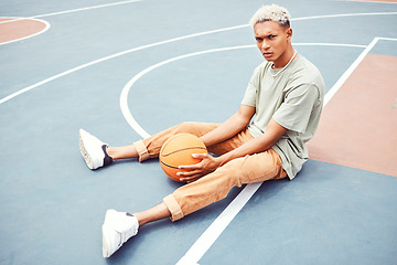 Image showing Black man, basketball court and portrait for fashion, sports or outdoor fitness in summer sunshine. Urban man, basketball player or sport for wellness, exercise or workout with edgy clothes in city