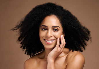 Image showing Black woman, beauty and skincare face portrait with a smile, glow and happiness for clean skin on studio background. Aesthetic model with afro hair and dermatology, cosmetics and makeup facial result