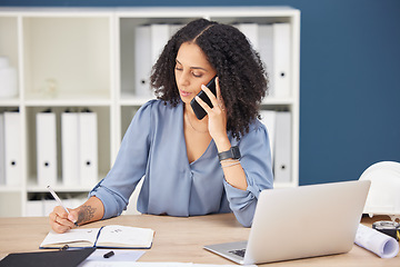 Image showing Planning, writing and phone call of black woman architect focused in professional office. Strategy, architecture and productivity of employee in communication with client on smartphone.