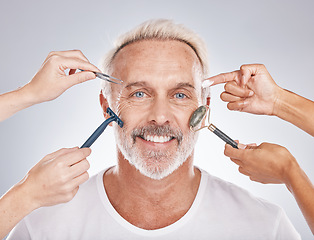 Image showing Senior man, skincare and studio portrait with shaving, self care and jade roller guasha by gray background. Model, skin product and cream for beauty, cosmetics and happiness for anti-aging grooming