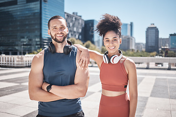 Image showing Portrait, sports fitness and couple in city ready for workout, training or exercise. Diversity, face and happy man and woman standing on street preparing for running, jog or cardio outdoors together.