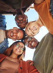 Image showing Friends, smile and hug below for teamwork, community or trust together in the outdoors. Happy group of people smiling in diversity for huddle, solidarity or unity for team support or friendship