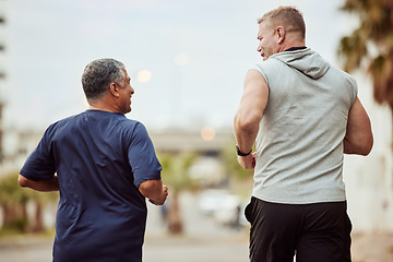 Image showing Back view, friends and fitness men in city, healthy lifestyle and outdoor performance. Senior males, running exercise and urban marathon training in neighborhood street for energy, power and sports