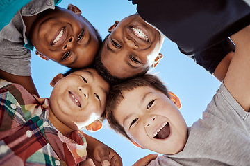 Image showing Kids, face and happy with friends group, diversity and support with trust and together bonding outdoor. Team, community and boy children smile with happiness, care and connection in friendship